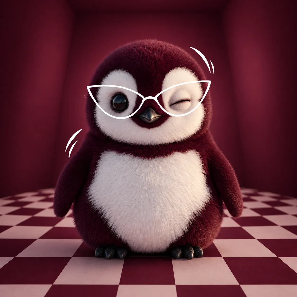 Aeenie, AEEN’s burgundy penguin mascot, in a Cat Eye concept