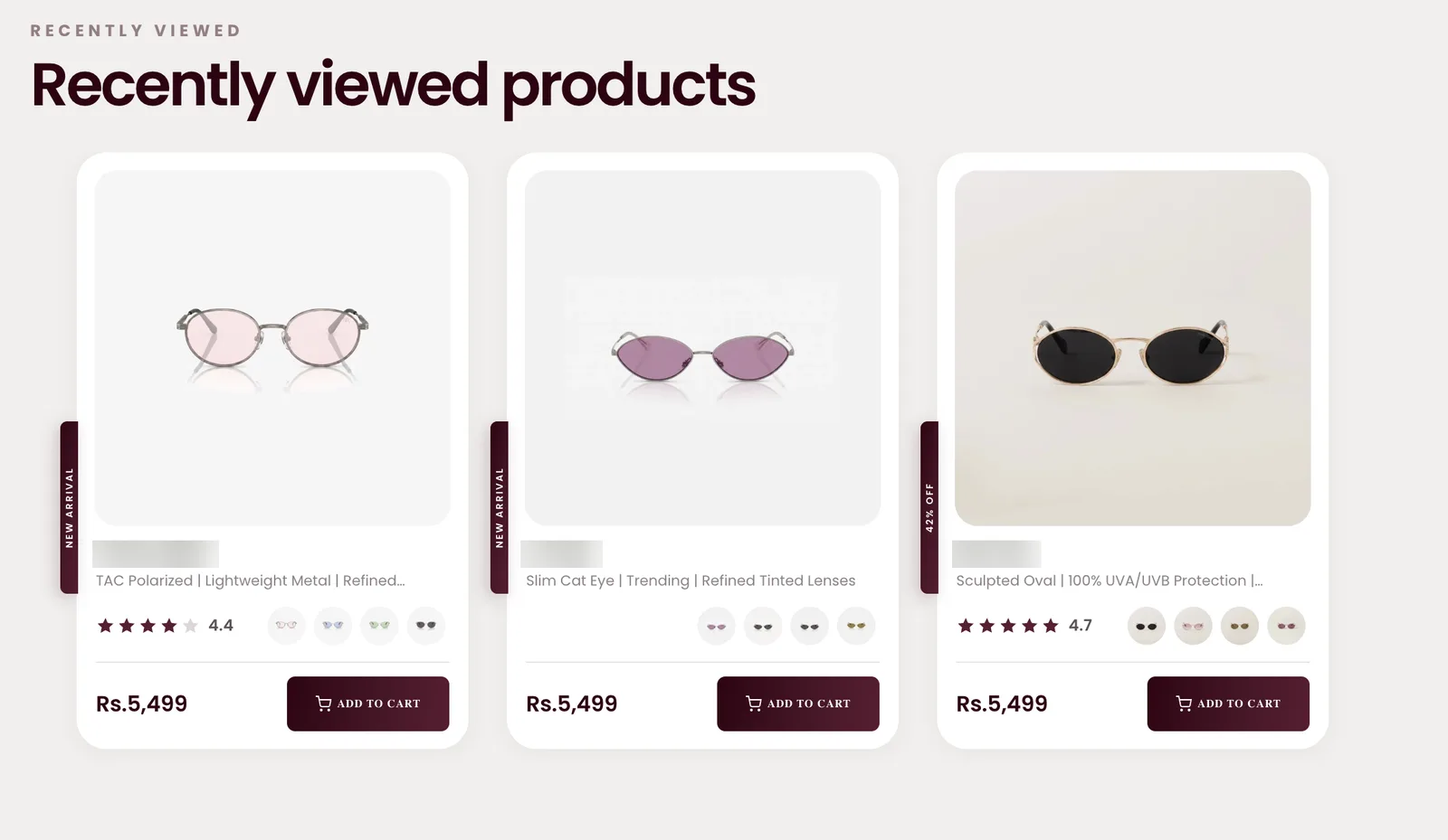 Shared product card system with ribbons, ratings and colour swatches. Product names hidden.