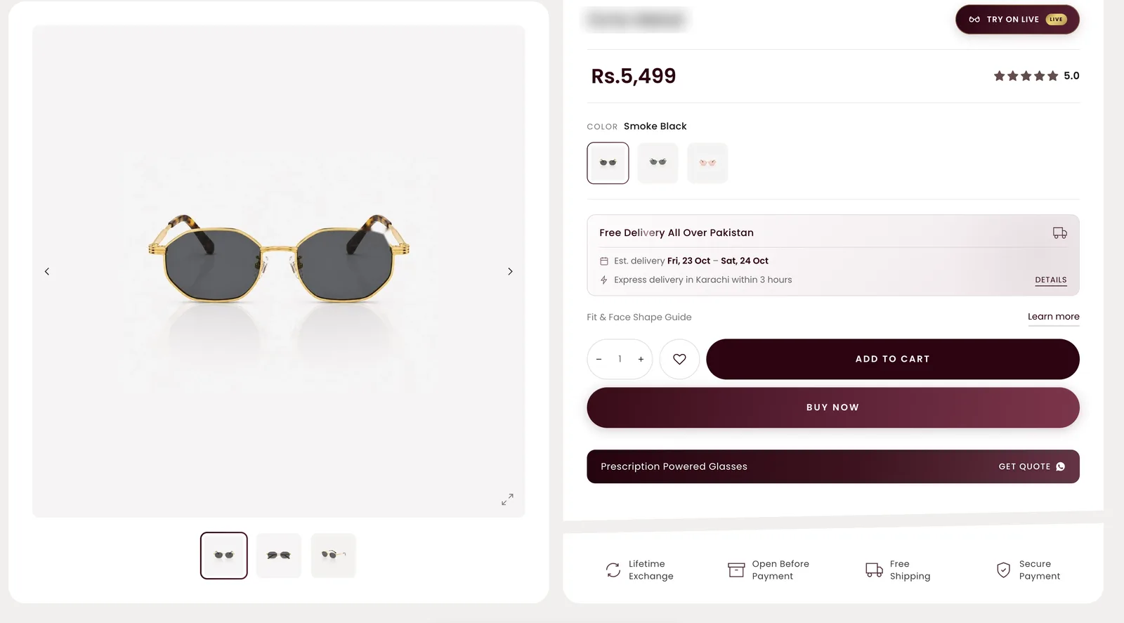 Custom product page with try-on button, delivery estimate and trust badges. Store and product names hidden.